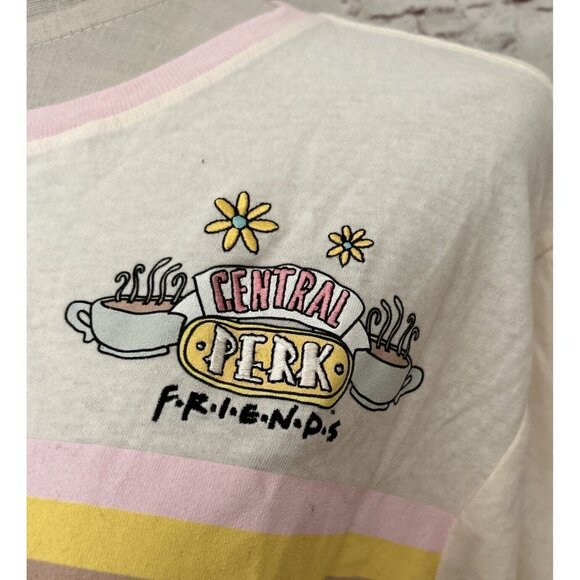 FRIENDS Central Perk Long Sleeve Crop Top Tee Shirt Ivory Juniors Size XS NEW - Picture 2 of 4